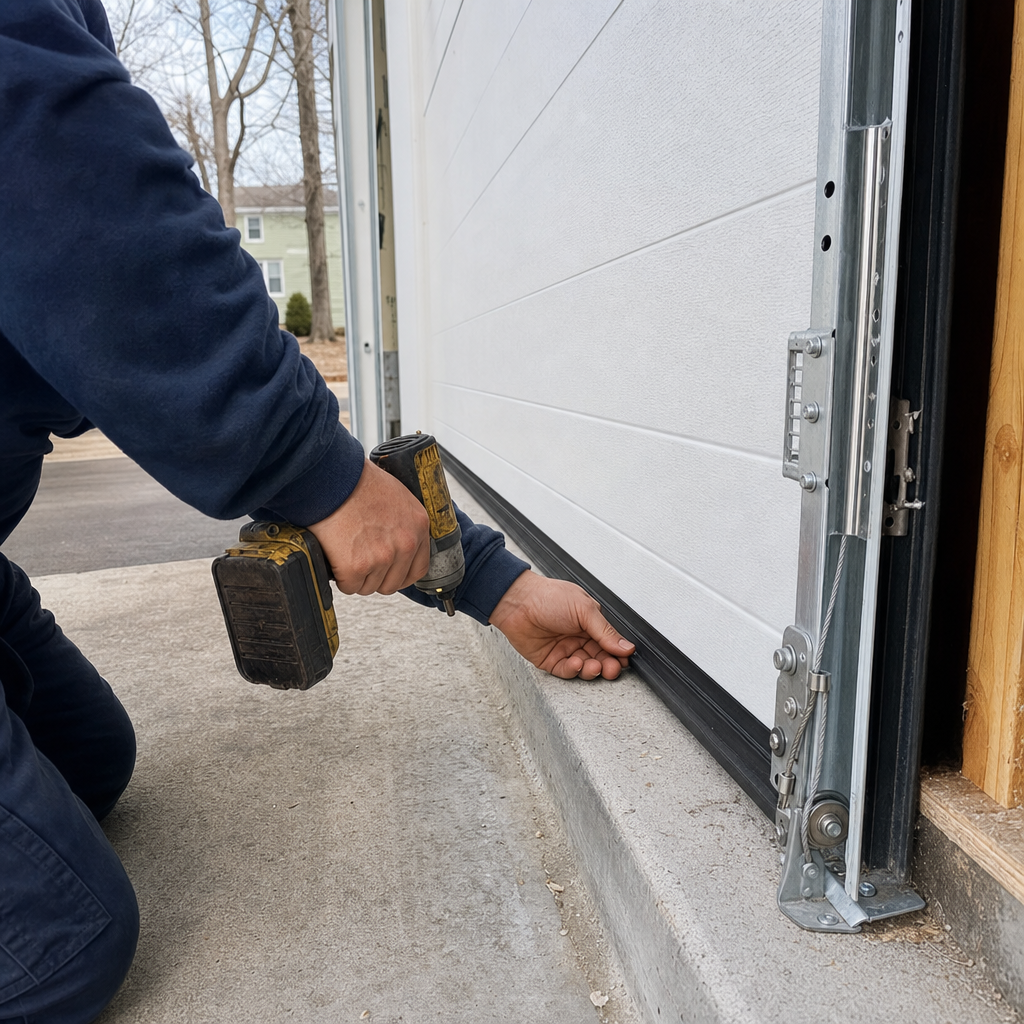 Technician installing garage door bottom weather seal with a power drill. in Connecticut, CT